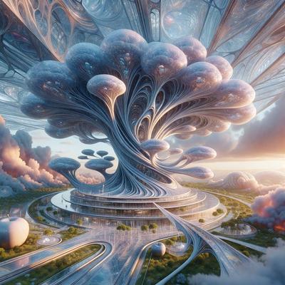 The primary subject of the image is a futuristic city with a large, intricate tree structure in the center. The setting is a cloudy sky, and the visual style is digital art. The colors and mood of the image are predominantly blue and purple, creating a serene and dreamy atmosphere.